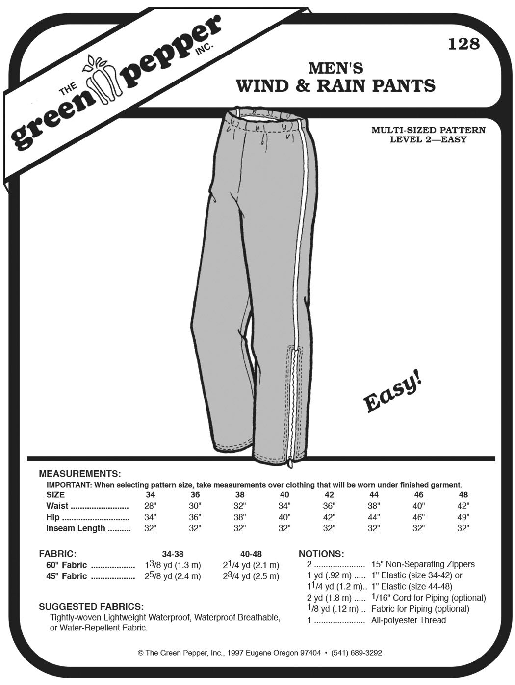 Regenhose für Erwachsene, Schnittmuster GP128