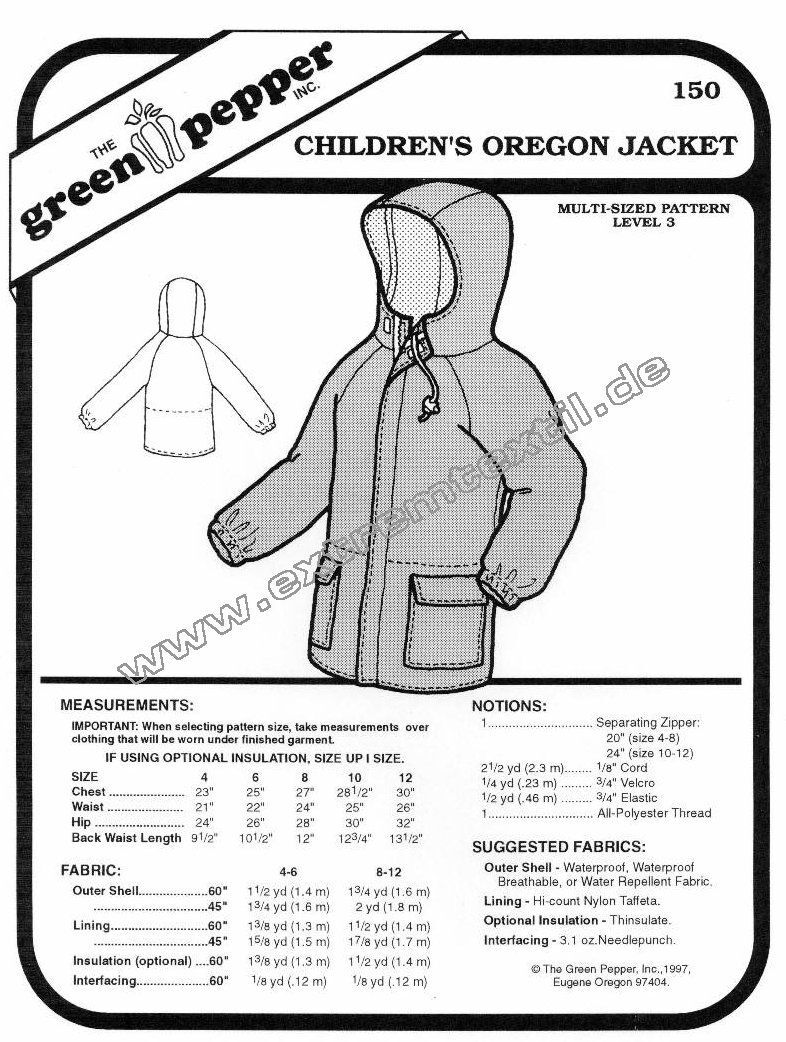 Jacke m. Kapuze f. Kinder, Schnittmuster GP150